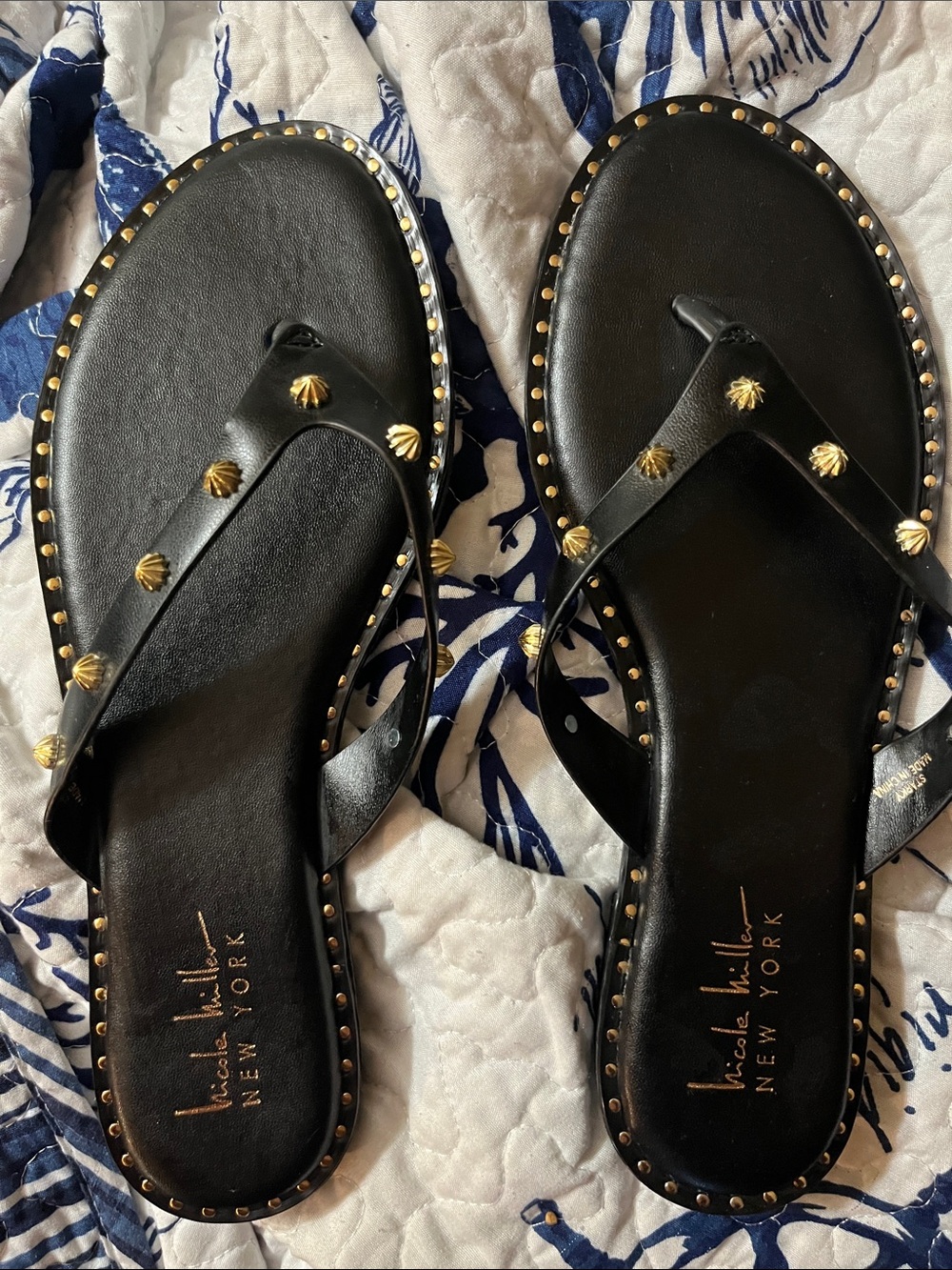 Nicole Miller Black Leather Studded Flip Sandals with Gold Accents